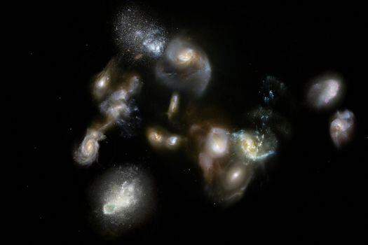 Esta ilustración representa el último descubrimiento hecho por el telescopio Alma, ubicado en Atacama (Chile). Una fusión de 14 galaxias en una edad muy temprana del Universo, hecho improbable para los científicos que estimaban que la formación de estas masivas estructuras había ocurrido 3.000 millones de años después del Big Bang. 

 / ESO/M. KornmesserCredit: ESO/M. Kornmesser