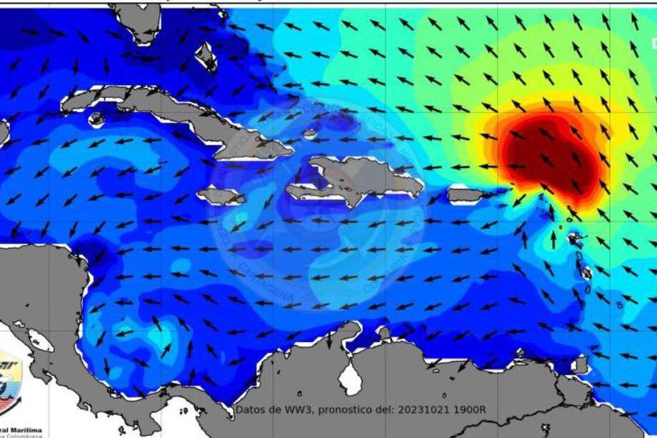 Imagen de la formación del ciclón. El color rojo representa el punto donde ha habido mayor oleaje.