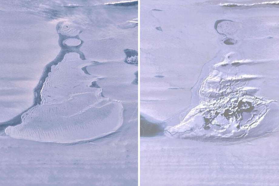 Imágenes de Landsat 8 que muestran el lago cubierto de hielo antes del drenaje y cómo quedó después.