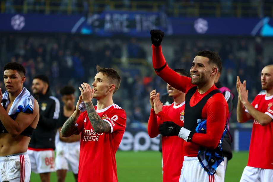 Jugadores del Benfica celebran su triunfo ante el Club Brujas por la UEFA Champions League. EFE/EPA/Stephanie Lecocq