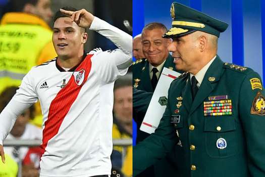 El futbolista Juan Fernando Quintero y el general Eduardo Zapateiro.  / EFE y AFP