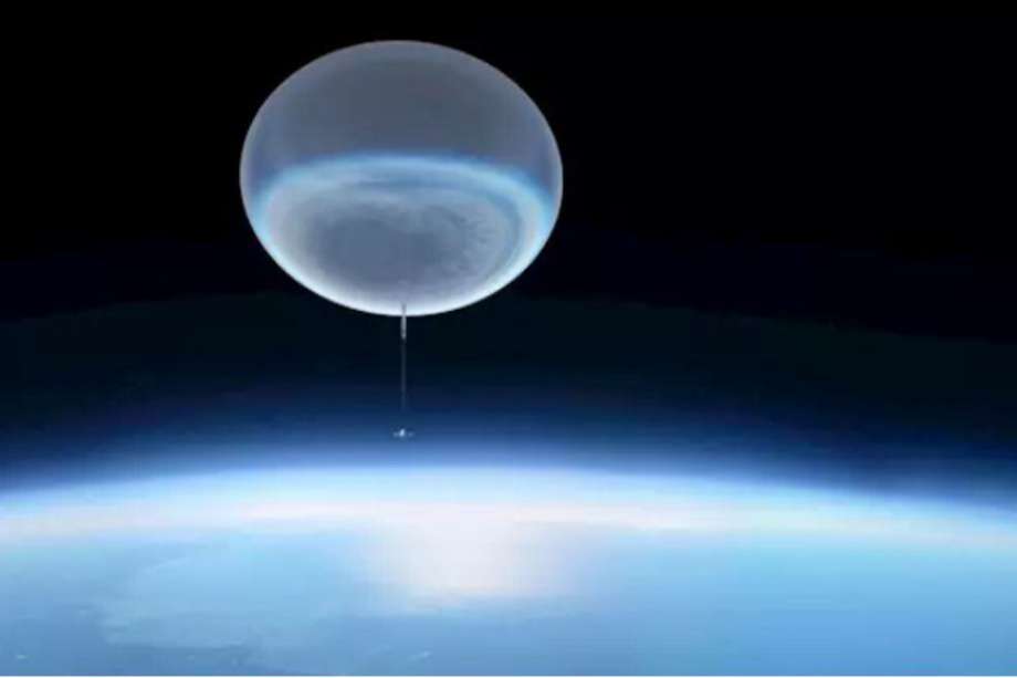 Esta ilustración muestra un globo a gran altitud que asciende a la atmósfera superior