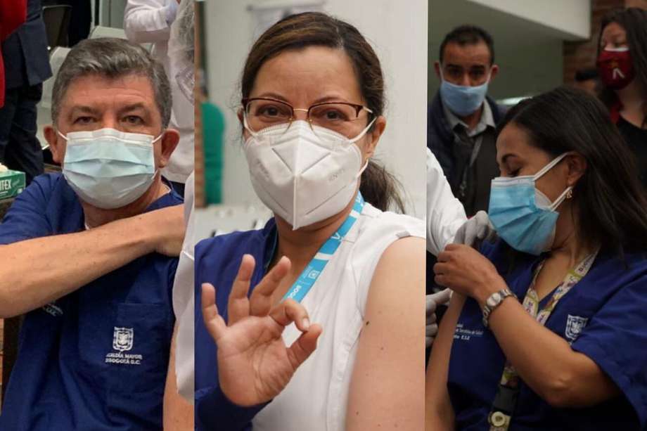 El médico Andrés Almanzar, la enfermera María Teresa Rubiano y la doctora Diana Forero fueron los primeros en recibir la vacuna contra el COVID-19 en el Hospital de Kennedy.
