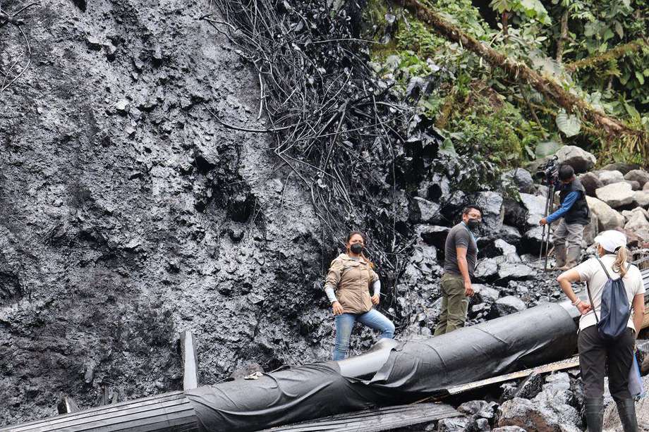 Trabajo de limpieza después del derrame de petróleo ocurrido en Piedra Fina, Ecuador, el 29 de enero de 2022.