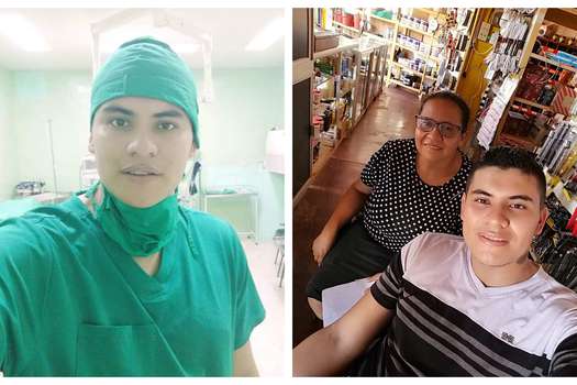 El médico Leonel Martínez al lado de su madre,  Magaly Mendoza. Según ella, en el cadáver que le entregaron no está el lunar que se aprecia en su cuello, en la foto ubicada a la derecha.