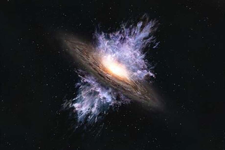 Impresión artística de un viento galáctico impulsado por un agujero negro supermasivo ubicado en el centro de una galaxia.