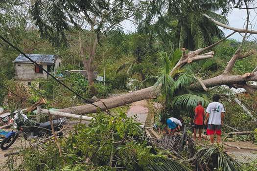 Locals look at a fallen tree after the passage of Hurricane Iota in San Andres, Colombia, on November 17, 2020. At least one person died on the Colombian island of Providencia on Monday, where Iota destroyed about 98 percent of its infrastructure, President Ivan Duque reported on Twitter.  / AFP / Liana FLOREZ