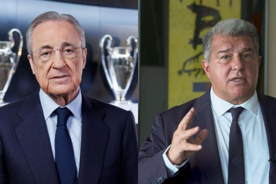 Florentino Pérez, presidente de Real Madrid (izq.) y Joan Laporta, presidente de Barcelona (der.) celebran la decisión de la Superliga
