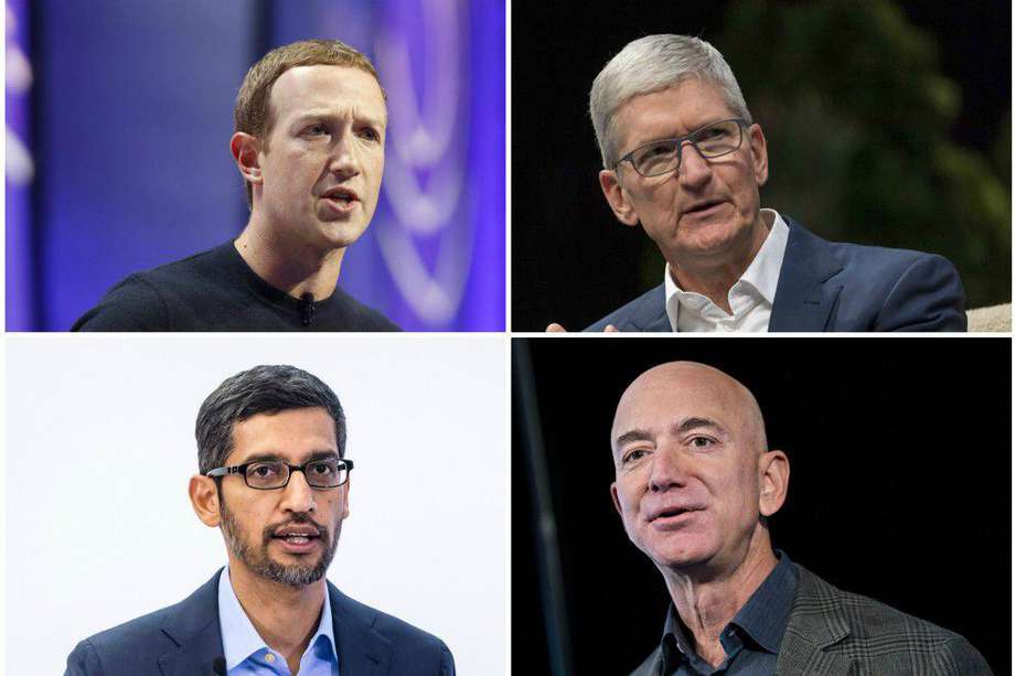Arriba, de izquierda a derecha: Mark Zuckerberg (CEO de Facebook), Tim Cook (Apple). Abajo: Sundar Pichai (Google) y Jeff Bezos (Amazon). 