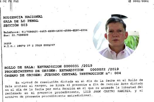 Documentación oficial de la Audiencia Nacional de España, sobre extradición de Luis John Castro Ramírez, alias el Zarco.