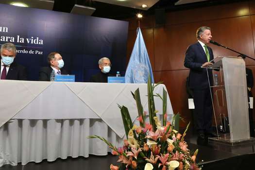 El expresidente Juan Manuel Santos durante la conmemoración de los cinco años de la firma del Acuerdo de Paz.