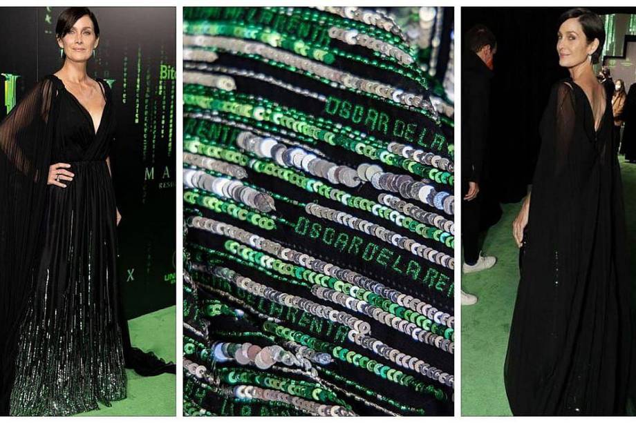 Carrie-Anne Moss (Trinity) acaparó toda la atención con este espectacular diseño de Óscar de la Renta de la premier de The Matrix Resurrections.