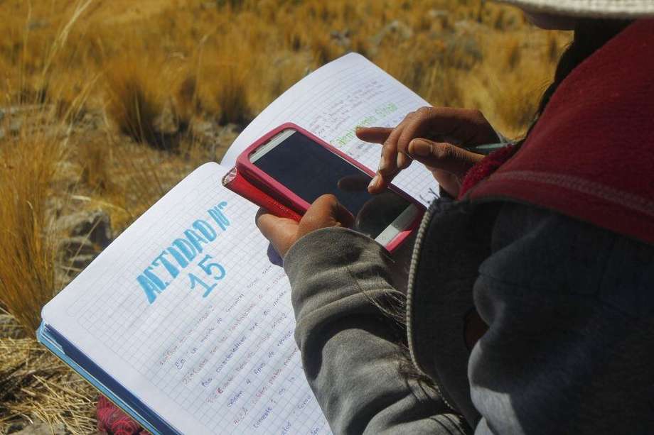 Roxana Cabrera, de dieciséis años, toma notas durante una clase virtual desde la cima de una colina desde donde ella y sus hermanos pueden recibir señal en sus teléfonos móviles, cerca del lago Titicaca en Perú.