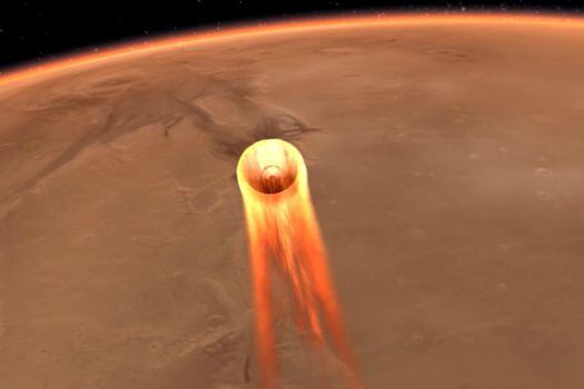 Ilustración de cómo se vería InSight al momento de su entrada en Marte, cuando, por el roce con la atmósfera, la temperatura aumentará a unos 1500°C. / AFP / NASA / JPL-Caltech
