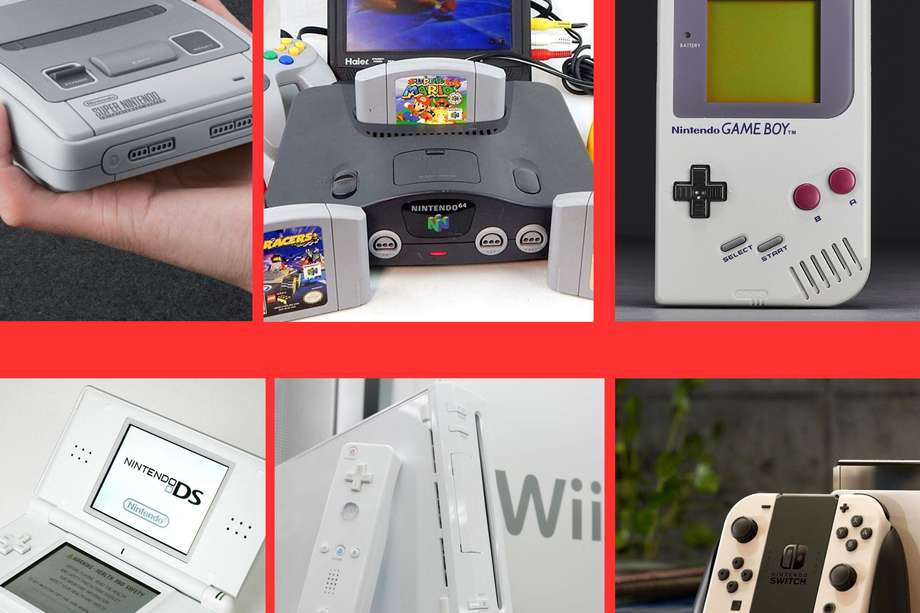 De izquierda a derecha: Super Nintendo (1990), Nintendo 64 (1996), Game Boy (1989), Nintendo DS (2004), Nintendo Wii (2006) y Nintendo Switch (2017).