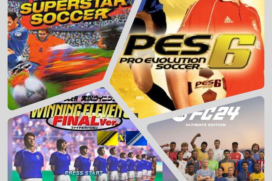 Las portadas del International Soccer (1977), Winning Eleven 3 (1999), Pre Evolution Soccer 6 (2006) y EA Sports FC 24 (2024).