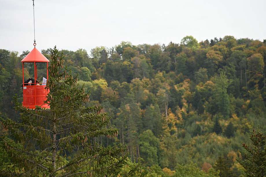 En un centro de vigilancia forestal cerca de Hölstein, Suiza, los científicos utilizan una grúa para maniobrar dentro del dosel y tomar medidas que documentan la respuesta de los árboles a los cambios ambientales, como la sequía.