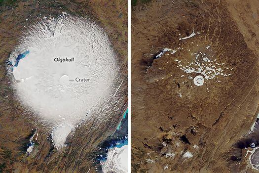 Esta imagen, capturada el 1 de agosto de 2019, muestra la parte superior del volcán en el que se ha convertido el glaciar Okjokull. Este se derritió durante todo el siglo XX y fue declarado muerto hace cinco años. / NASA - AFP