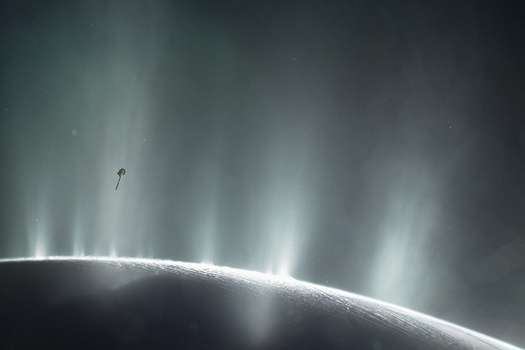 Recreación de Cassini buceando a través del penacho de Encélado en 2015. / NASA/JPL-Caltech