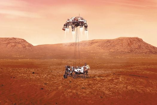 Esta ilustración muestra el rover Perseverance de la NASA aterrizando de manera segura en Marte. Es el vehículo más grande jamás enviado al Planeta Rojo.