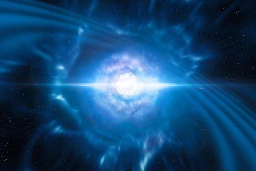 Ilustración de la colisión de estrellas de neutrones que produjo el evento de ondas gravitacionales observado por los telescopios LIGO y Virgo. / ESO, L. Calçada, M. Kornmesser
