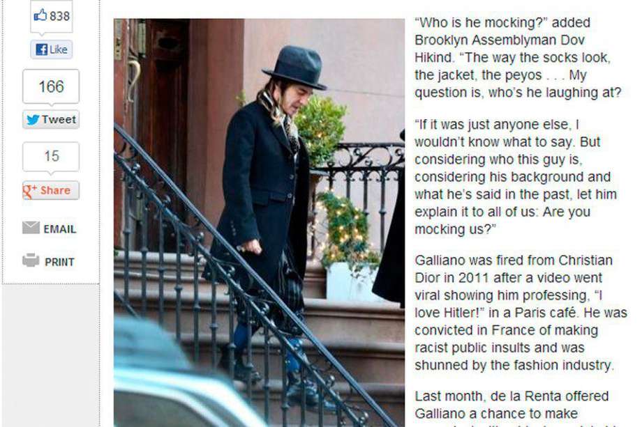 Imagen del artículo publicado sobre Galliano en el sitio web de New York Post. / Nypost.com.