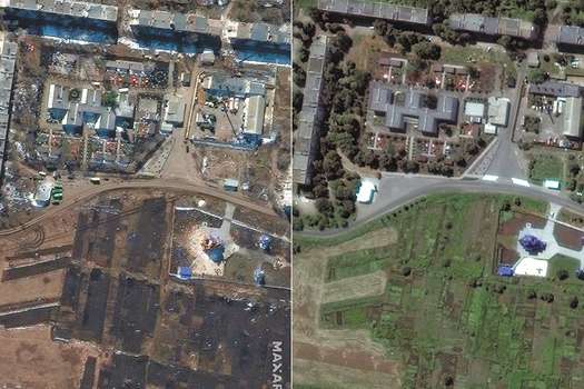 Combinación de imágenes satelitales de Maxar creadas el 16 de marzo de 2022: muestra una iglesia y edificios de apartamentos residenciales destruidos en Sumy, Ucrania. A la derecha como eran antes de la guerra.  / AFP