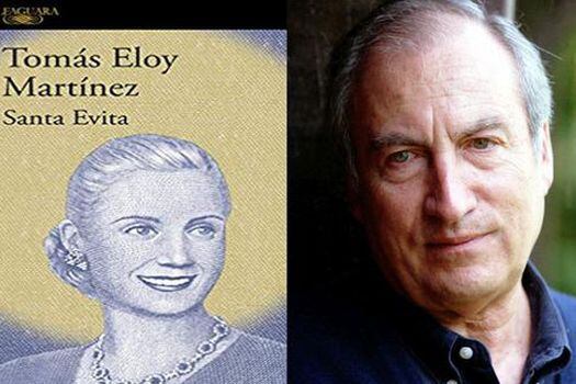 El escritor argentino Tomás Eloy Martínez (1934-2010) y la portada de "santo evitar"novela sobre Eva María Duarte de Perón (1919-26 de julio de 1952), en la versión del sello Alfaguara.