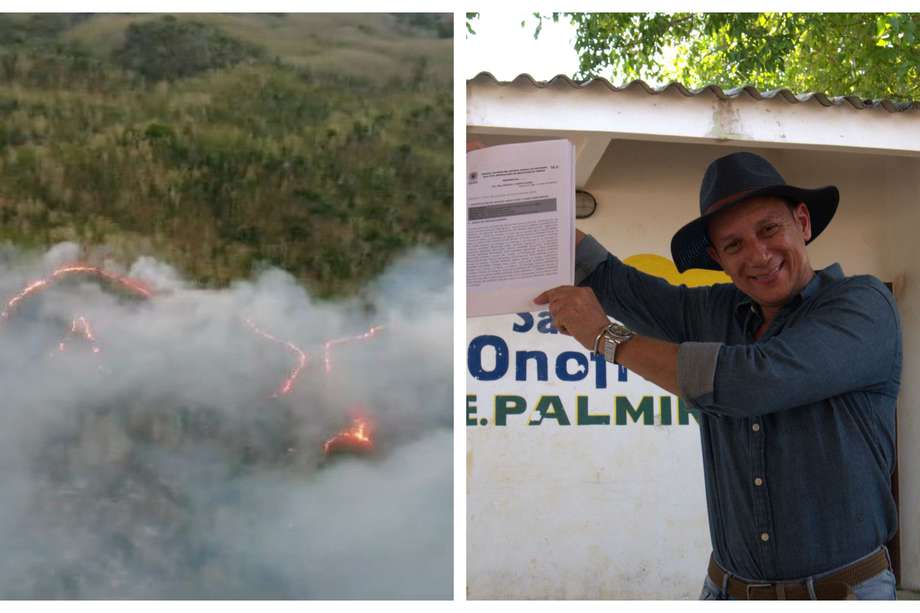 A la izquierda, el incendio que consume varias fincas del sector Palmira, en San Onofre (Sucre). A la derecha, José Ignacio Martínez, representante de las familias restituidas por orden judicial por Argos.