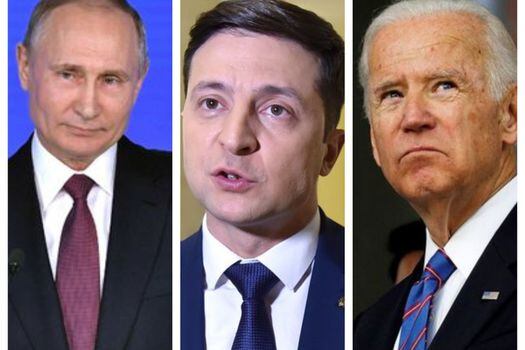Los presidentes de Rusia, Vladimir Putin; de Ucrania, Volodomir Zelenski; y de Estados Unidos, Joe Biden.