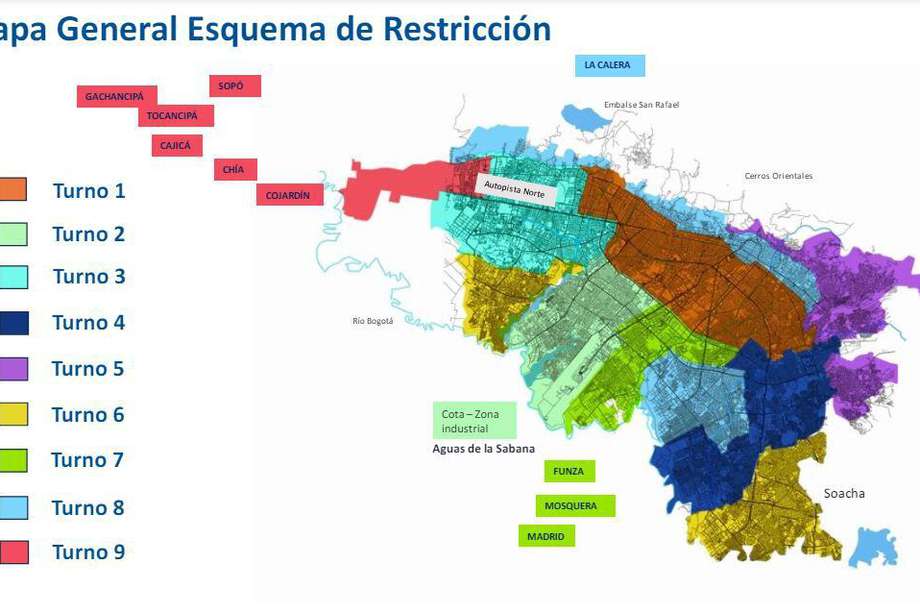 Mapa de las nueve zonas que tendrán racionamiento de agua.