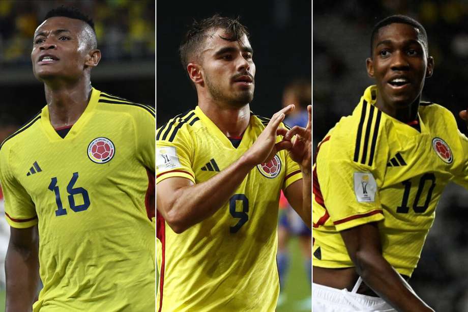 Los jugadores de la selección colombiana Sub-20 Óscar Córtes (izq.), Tomás Ángel y Yaser Asprilla (der.)