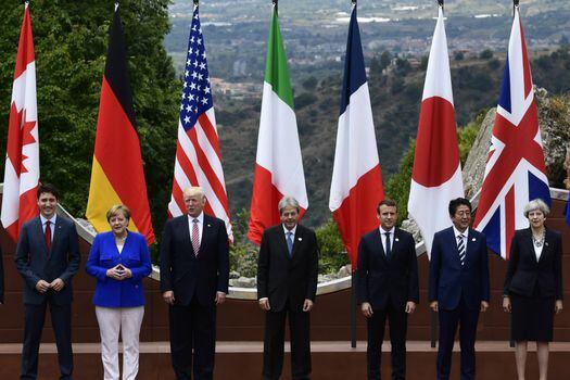 Los líderes del G7 en la cumbre de 2018: Justin Trudeau (Canadá), Angela Merkel (Alemania), Donald Trump (EE. UU.), Paolo Gentiloni (Italia), Emmanuel Macron (Francia), Shinzo Abe (Japón), y Theresa May (Reino Unido).
 / AFP