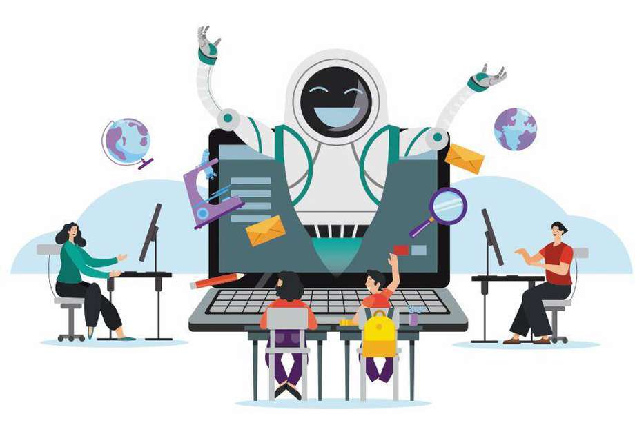 Concept of using artificial intelligence in teaching Through computers, videos are learning for the school in the future. It is a new form of online education.
flat illustration.