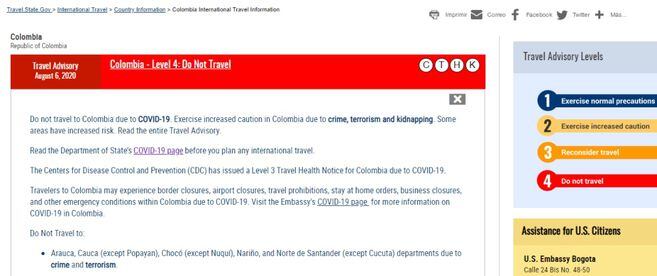 La página del Departamento de Estado en donde hacen las advertencias de viaje a Colombia.