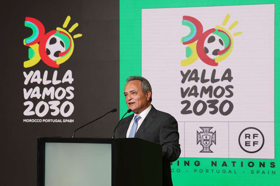 El coordinador del comité de candidatura de la Copa Mundial de la FIFA 2030, Antonio Laranjo, habla durante un evento en el que se presentaron el logotipo y el vídeo de la candidatura de MarruecosPortugalEspaña para la Copa Mundial de la FIFA 2030, en Oeiras, Portugal, el 19 de marzo de 2024. 