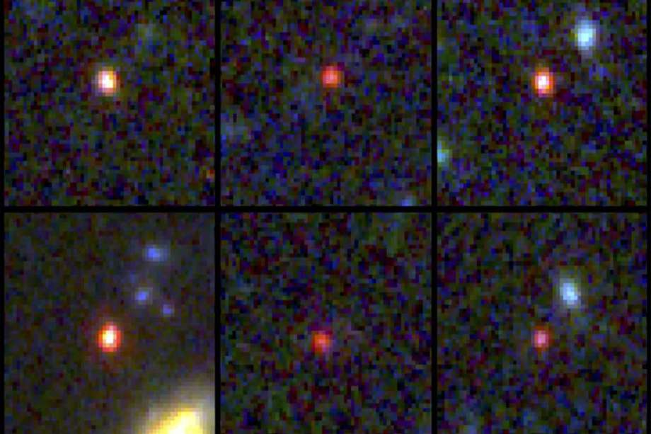 Imágenes de seis galaxias masivas candidatas, vistas entre 500 y 700 millones de años después del Big Bang.