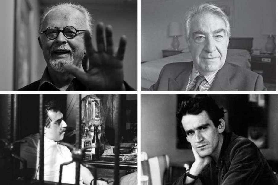 De izquierda a derecha y de arriba a abajo: Fernando Botero, Álvaro Mutis, Gabriel García Márquez y Gonzalo Arango.
