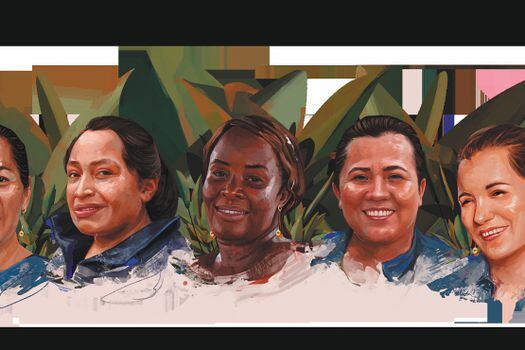 Carolina, Ana, Nini, Martha y Zonia, lideresas que hacen parte de la Red Nosotras Ahora.  / Ilustración: Leo Jiménez