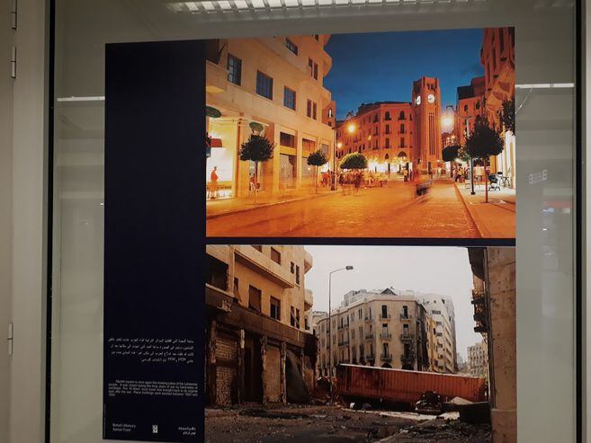 El ahora y el antes del centro de Beirut en las fotos exhibidas en el aeropuerto internacional.