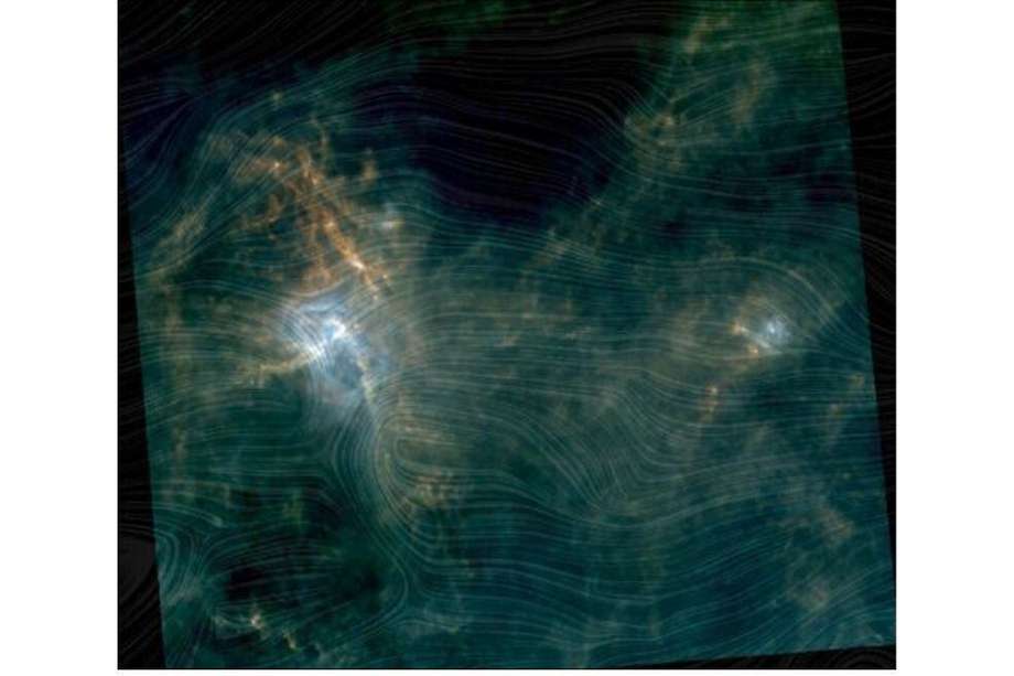 Imagen que muestra el complejo de formación estelar Aquila Rift, basado en una combinación de datos de los telescopios espaciales Herschel y Planck de la ESA.