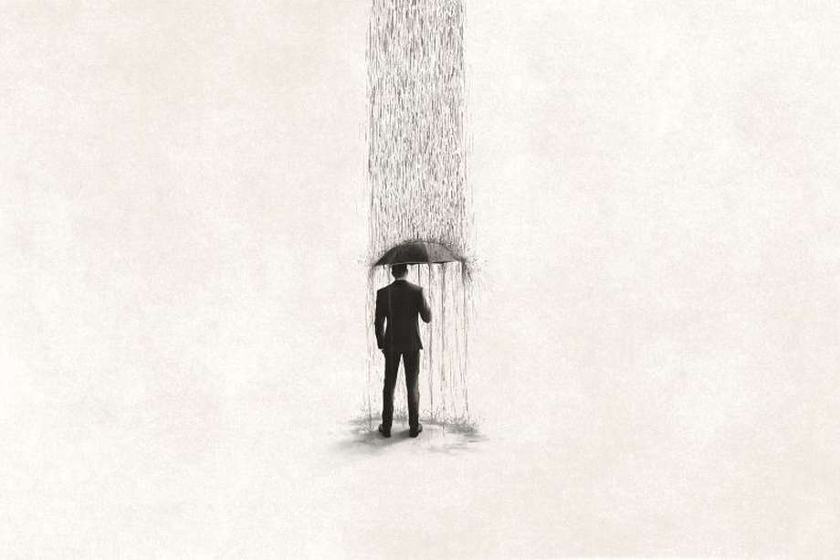 Illustration of unlucky sad business man under rain, surreal concept