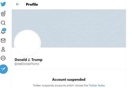 Una captura de pantalla que muestra el estado actual de la cuenta  en Twitter de Donald Trump, expresidente de Estados Unidos.
