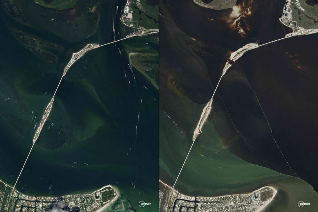 Esta combinación de fotografías satelitales distribuidas por Planet Labs PBC muestra el Sanibel Causeway en Florida el 4 de julio de 2021 (izquierda) y el 30 de septiembre de 2022, parcialmente colapsado tras el paso del huracán Ian.