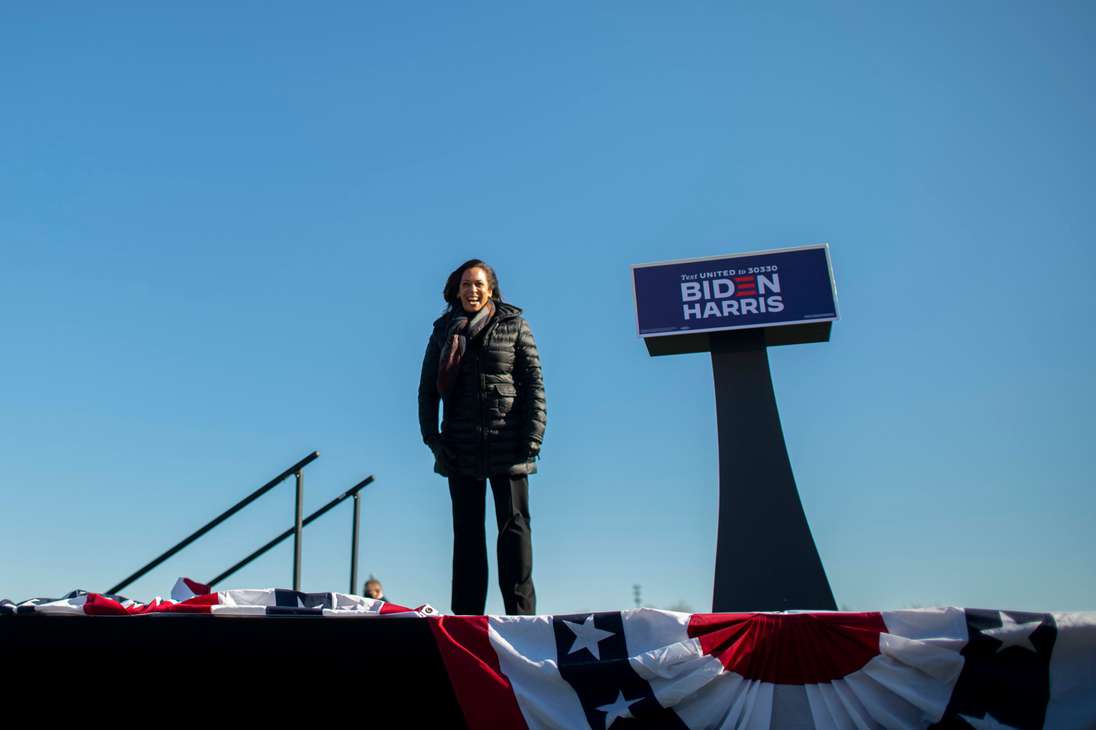 BETHLEHEM, PA - NOVEMBER 02: Democratic Vice Presidential Nominee Sen. Kamala Harris (D-CA) acknowledges the crowd while arriving at a drive-in rally on the eve of the general election on November 2, 2020 in Bethlehem, Pennsylvania. Democratic presidential nominee Joe Biden, who is originally from Scranton, Pennsylvania, remains ahead of President Donald Trump by about six points, according to a recent polling average. With the election tomorrow, Trump held four rallies across Pennsylvania over the weekend, as he vies to recapture the Keystone State's vital 20 electoral votes. In 2016, he carried Pennsylvania by only 44,292 votes out of more than 6 million cast, less than a 1 percent differential, becoming the first Republican to claim victory here since 1988.   Mark Makela/Getty Images/AFP