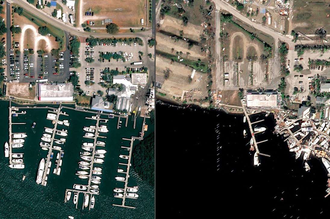 Fort Myers Beach, Florida, antes y después del paso del huracán Ian.