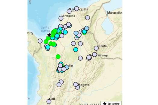 Los puntos morados representan los lugares donde "apenas se sintió" el temblor. Los verdes donde se sintió fuertemente.