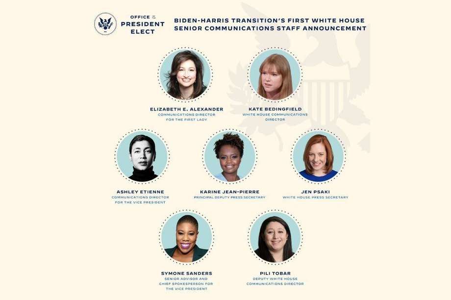 Siete mujeres formarán el equipo de comunicación de la Casa Blanca. Por primera vez en la historia del país, este equipo estará integrado únicamente por mujeres, entre ellas una latina.