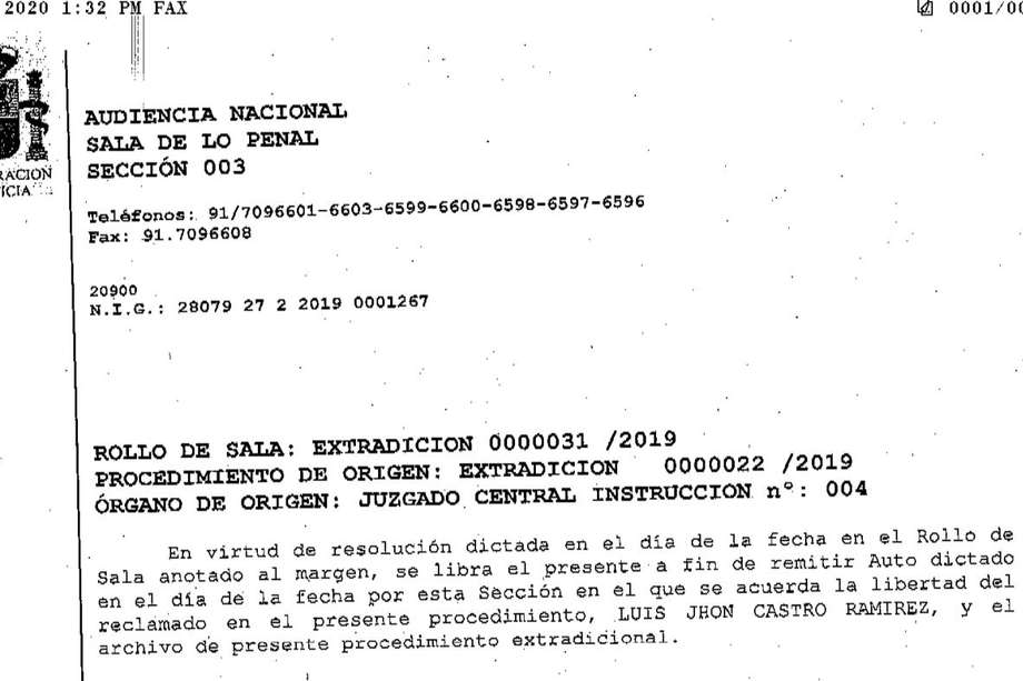 Documento de la Audiencia Nacional de España, en el cual se archiva el proceso de extradición de alias "El Zarco". (Imagen de referencia)