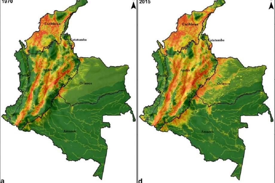 Índice de Huella humana para 1970 y 2015 en Colombia. El incremento más significativo en los valores altos índice se evidenció en la región Andina con un cambio del 3% a 6%.